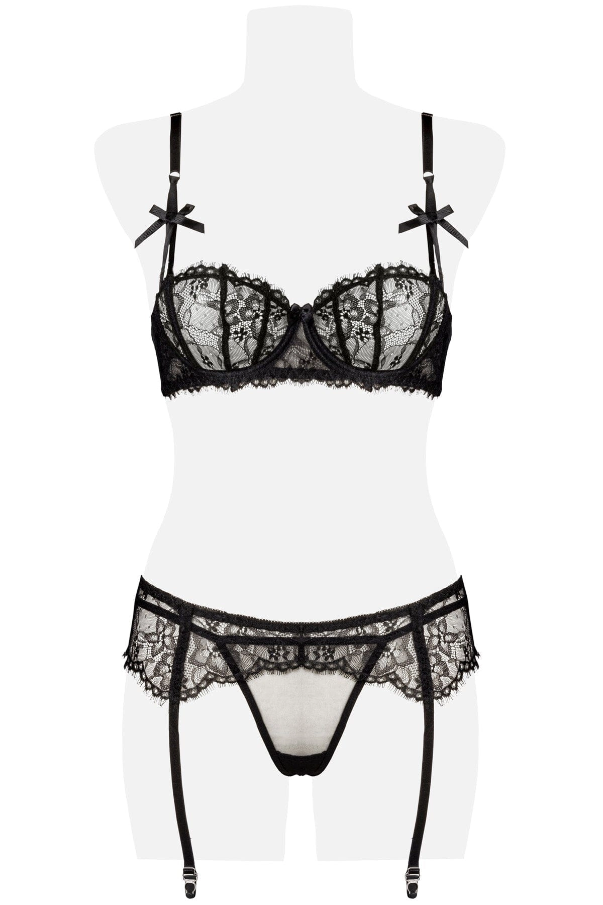 3 Piece Suspender Balconette Bra W/Bows And Garter Set
