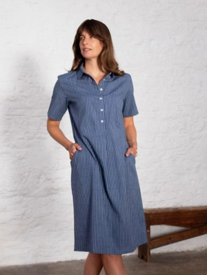 Alexa Women's Cotton & Linen Shirt Dress | Blue Stripe