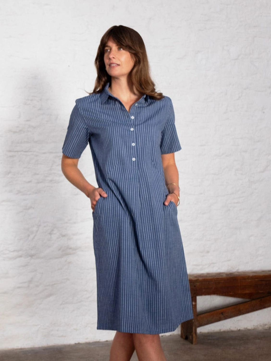 Alexa Women's Cotton & Linen Shirt Dress | Blue Stripe