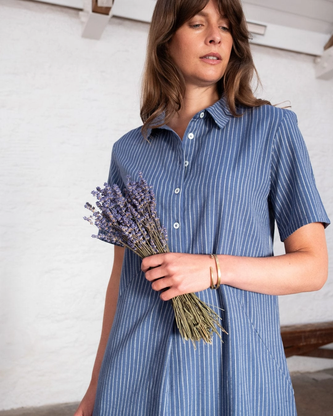 Alexa Women's Cotton & Linen Shirt Dress | Blue Stripe