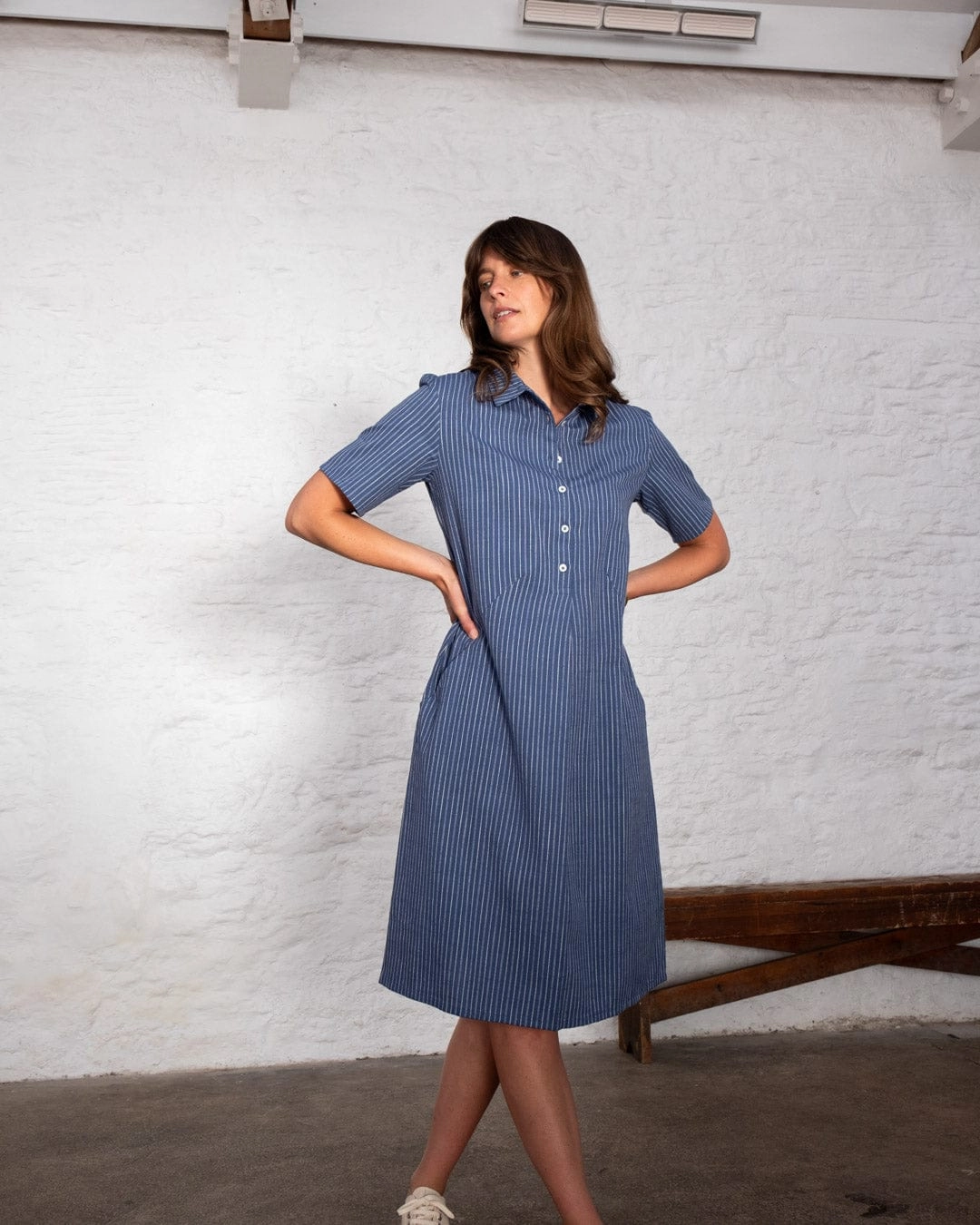 Alexa Women's Cotton & Linen Shirt Dress | Blue Stripe