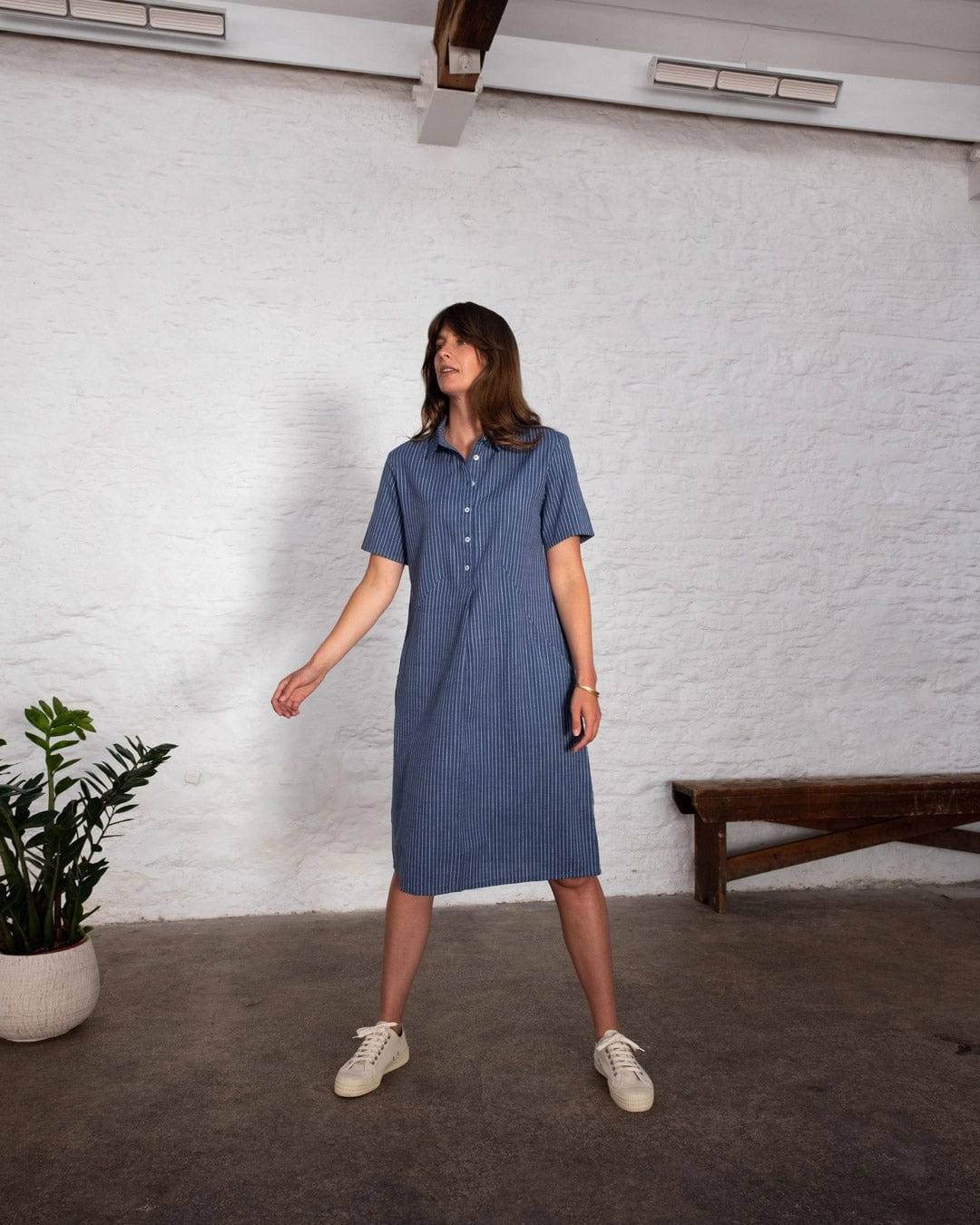 Alexa Women's Cotton & Linen Shirt Dress | Blue Stripe
