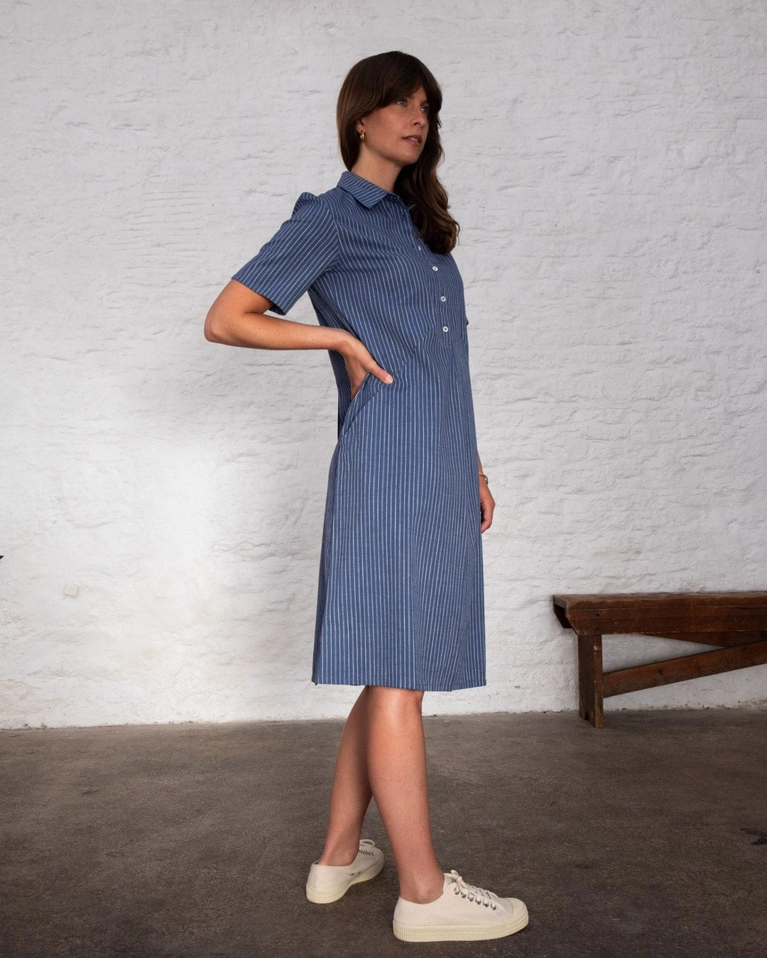 Alexa Women's Cotton & Linen Shirt Dress | Blue Stripe