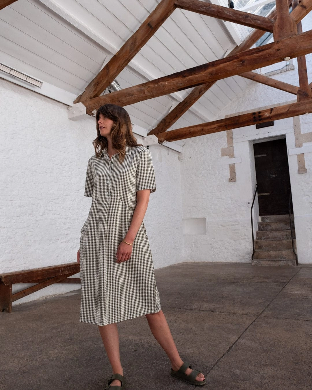 Alexa Women's Cotton Shirt Dress | Green Gingham Check