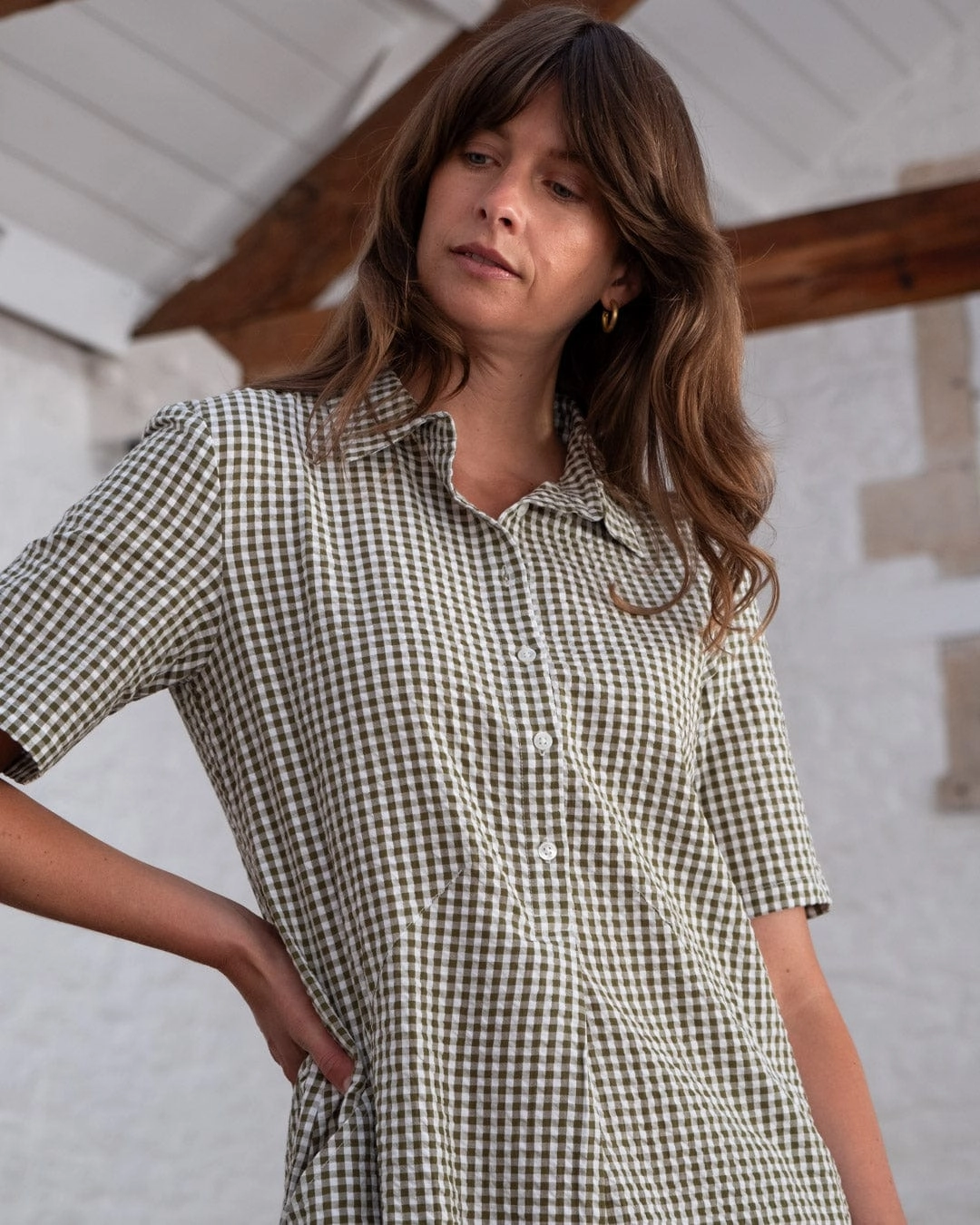 Alexa Women's Cotton Shirt Dress | Green Gingham Check