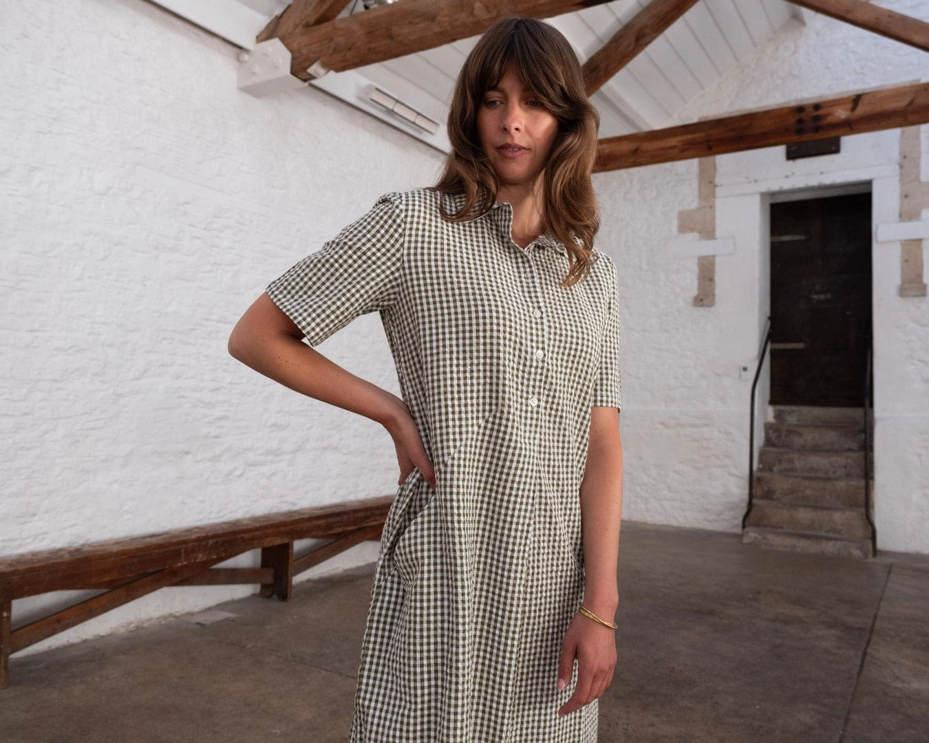Alexa Women's Cotton Shirt Dress | Green Gingham Check