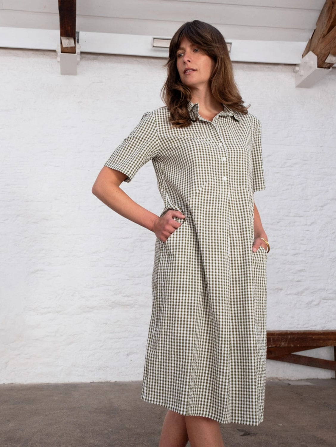 Alexa Women's Cotton Shirt Dress | Green Gingham Check