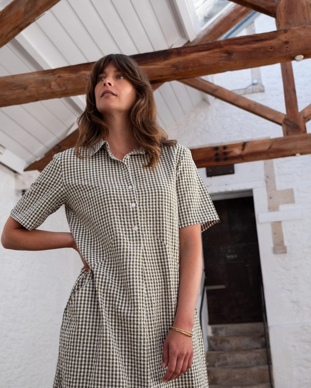 Alexa Women's Cotton Shirt Dress | Green Gingham Check