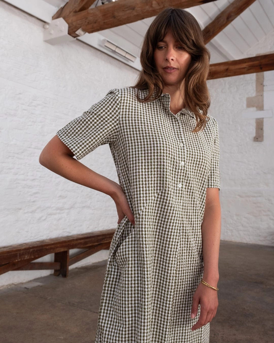 Alexa Women's Cotton Shirt Dress | Green Gingham Check