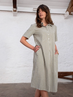 Alexa Women's Cotton Shirt Dress | Green Gingham Check