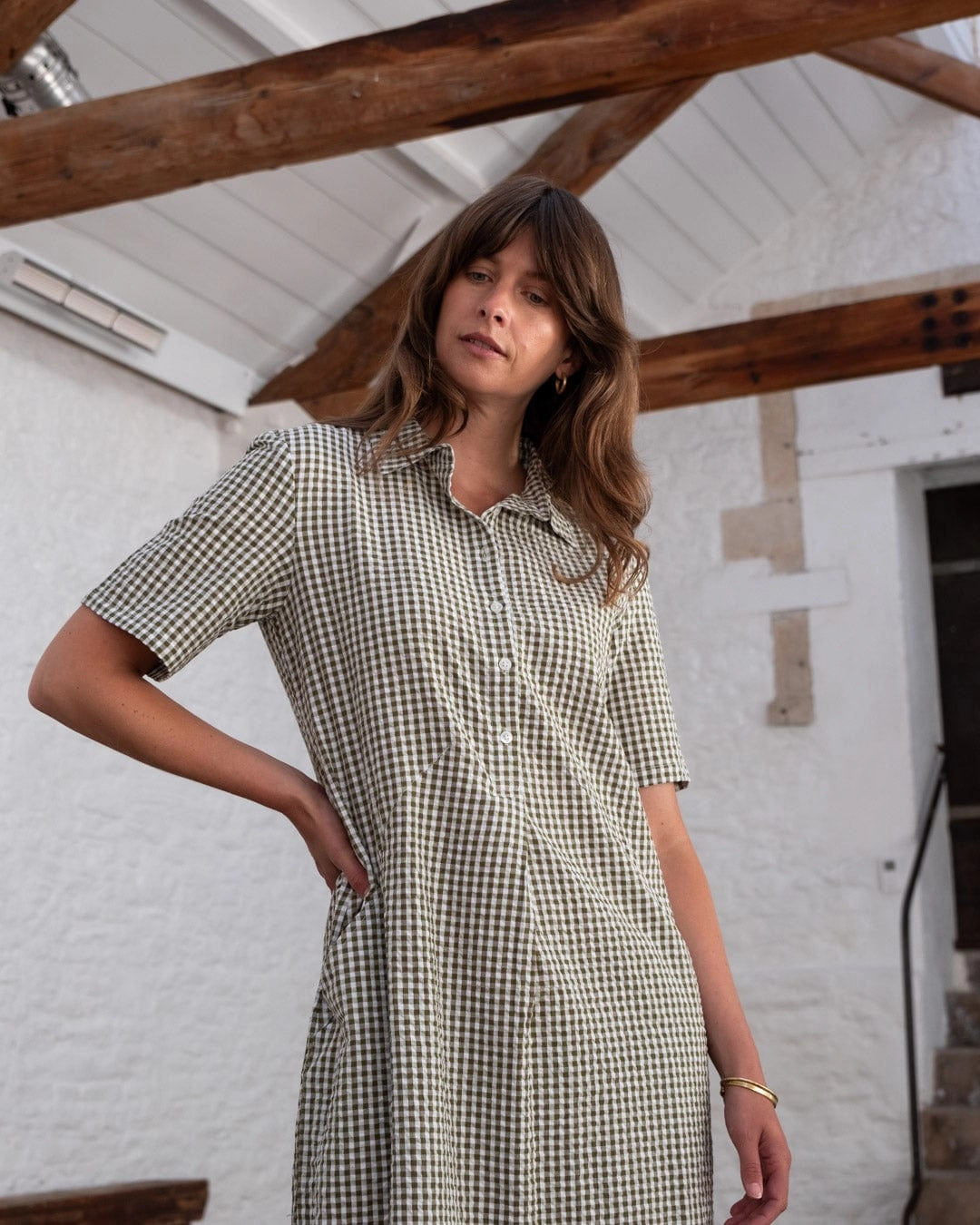 Alexa Women's Cotton Shirt Dress | Green Gingham Check