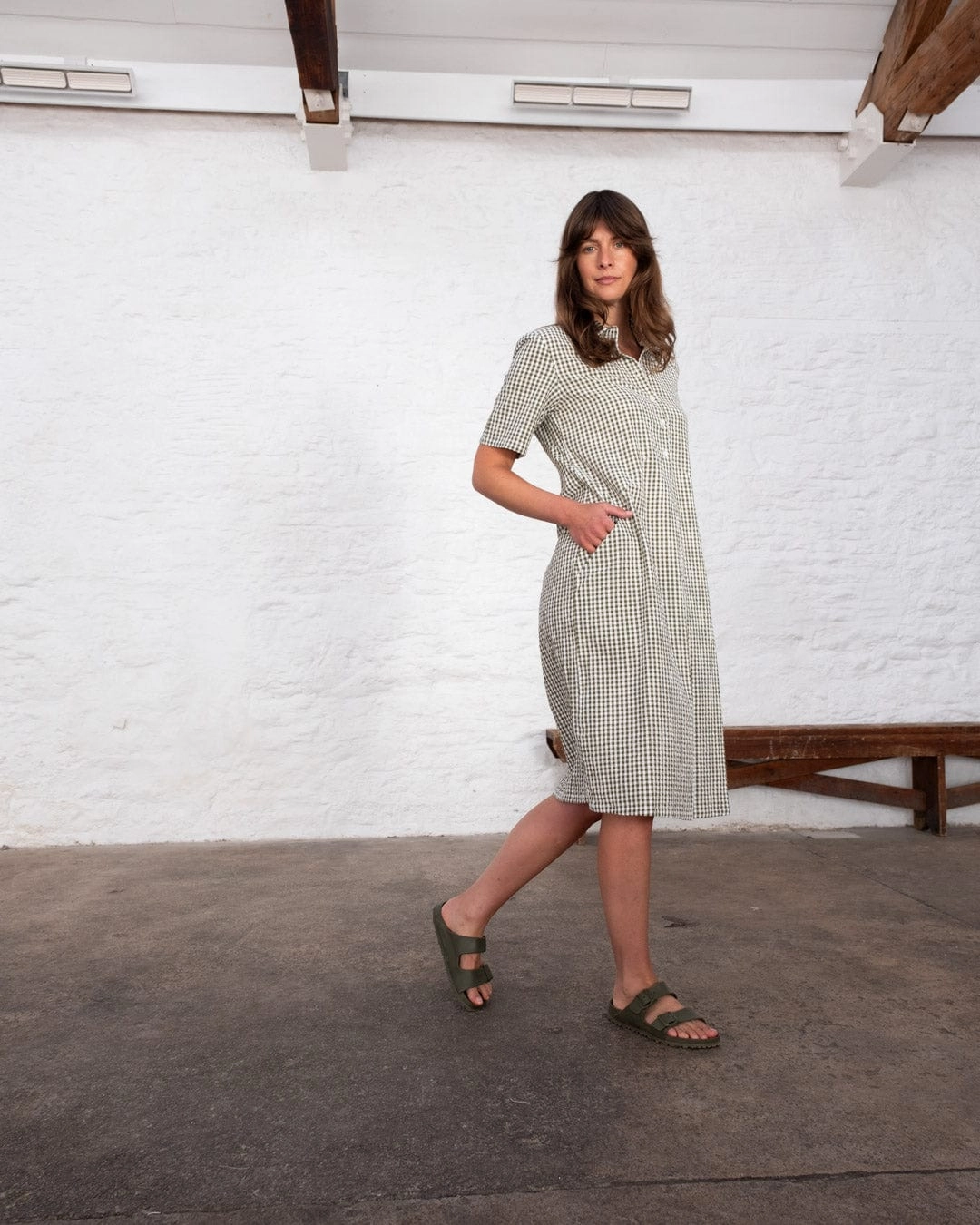Alexa Women's Cotton Shirt Dress | Green Gingham Check