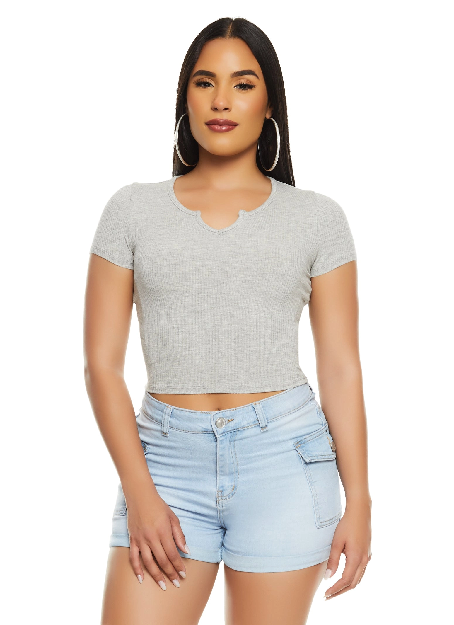 Basic Ribbed Notch Neck Tee