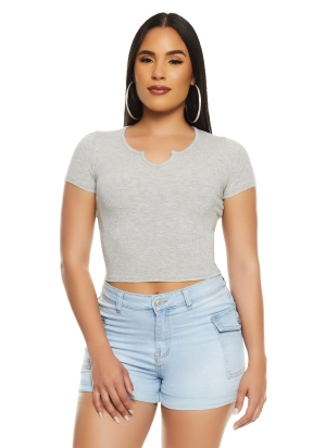 Basic Ribbed Notch Neck Tee