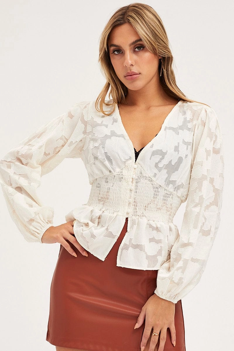 Beige Peplum Top Long Sleeve V-Neck