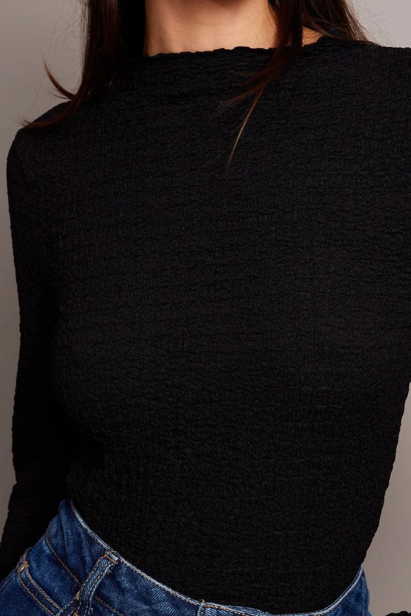 Black Textured Top Long Sleeve High Neck