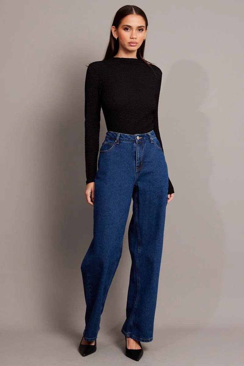 Black Textured Top Long Sleeve High Neck
