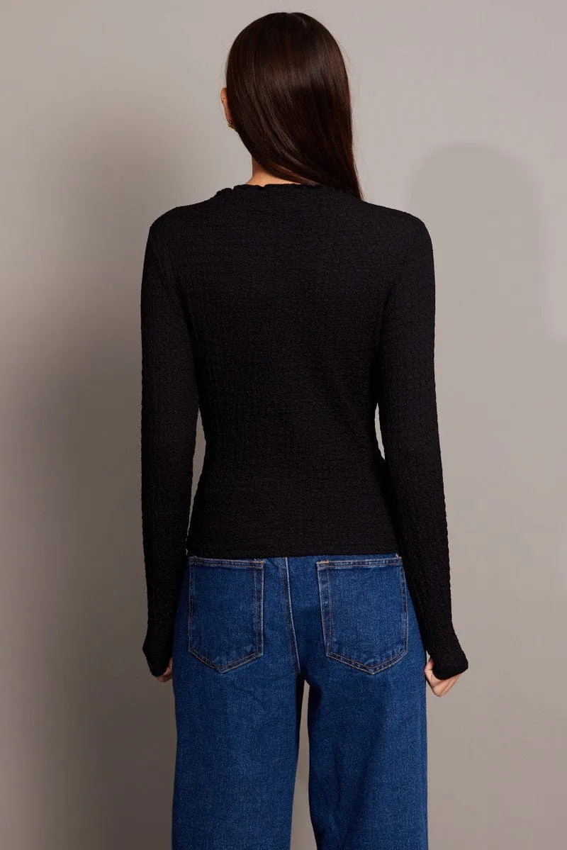 Black Textured Top Long Sleeve High Neck