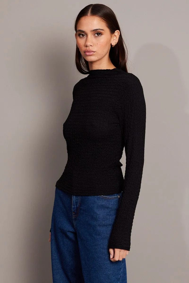 Black Textured Top Long Sleeve High Neck