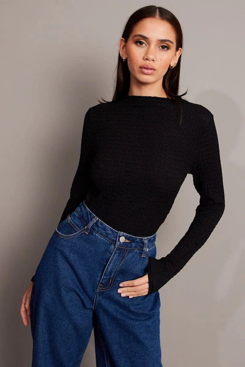 Black Textured Top Long Sleeve High Neck