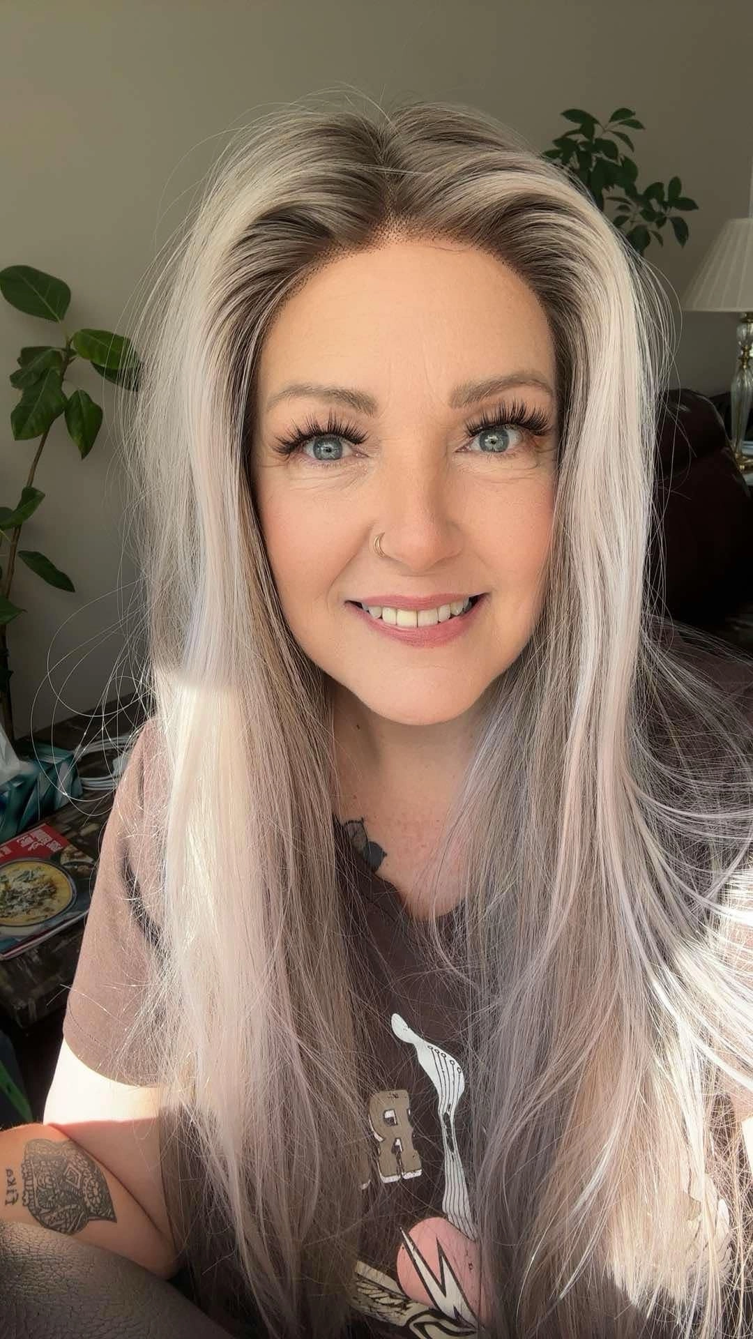 Brenda Collection-Nova purpleish grey 28 inches Long Straight Grey Pink T part Lace Front wig Glueless-TK114-2424