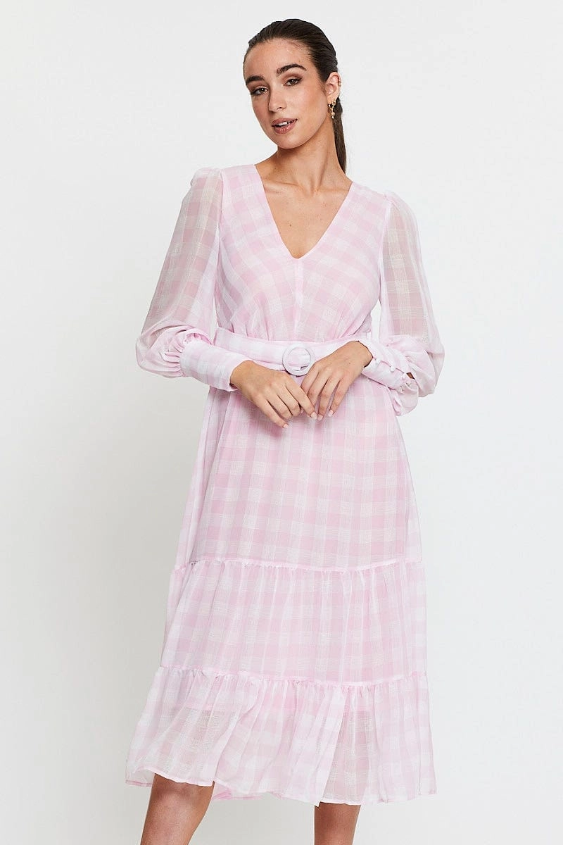Check Dress Long Sleeve Maxi