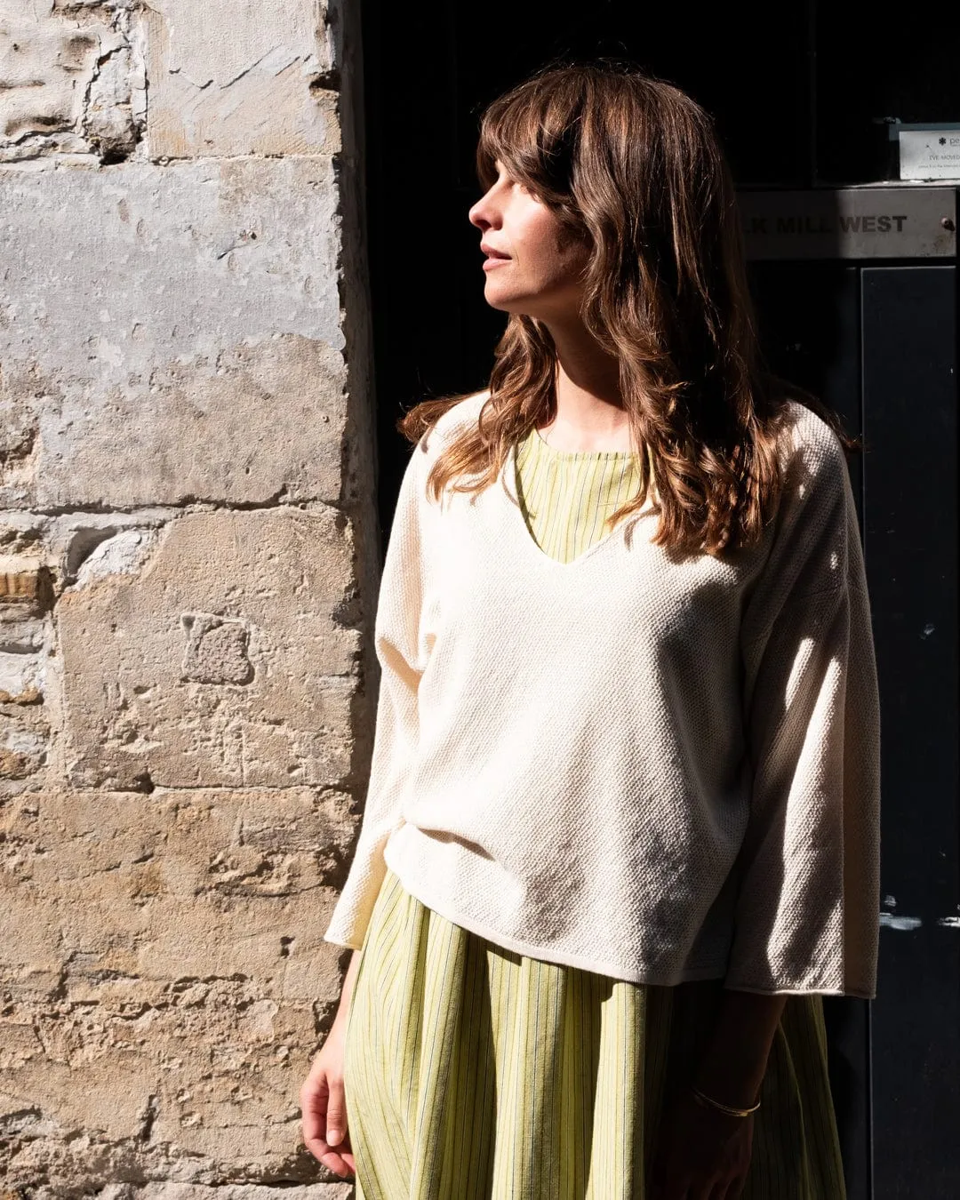 Elaine Women's Cotton & Linen Day Dress | Avocado Stripes