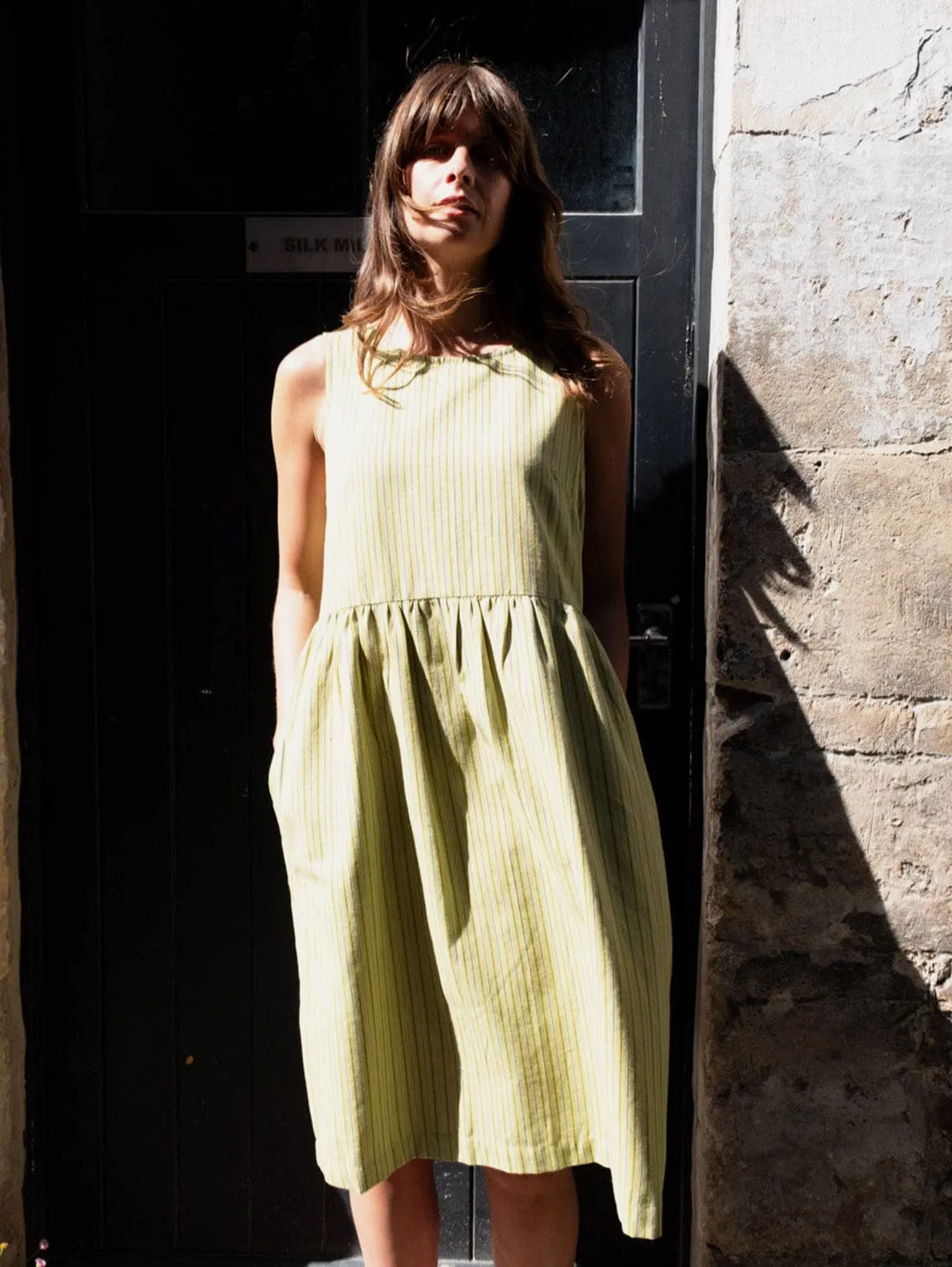 Elaine Women's Cotton & Linen Day Dress | Avocado Stripes