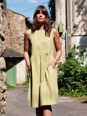 Elaine Women's Cotton & Linen Day Dress | Avocado Stripes