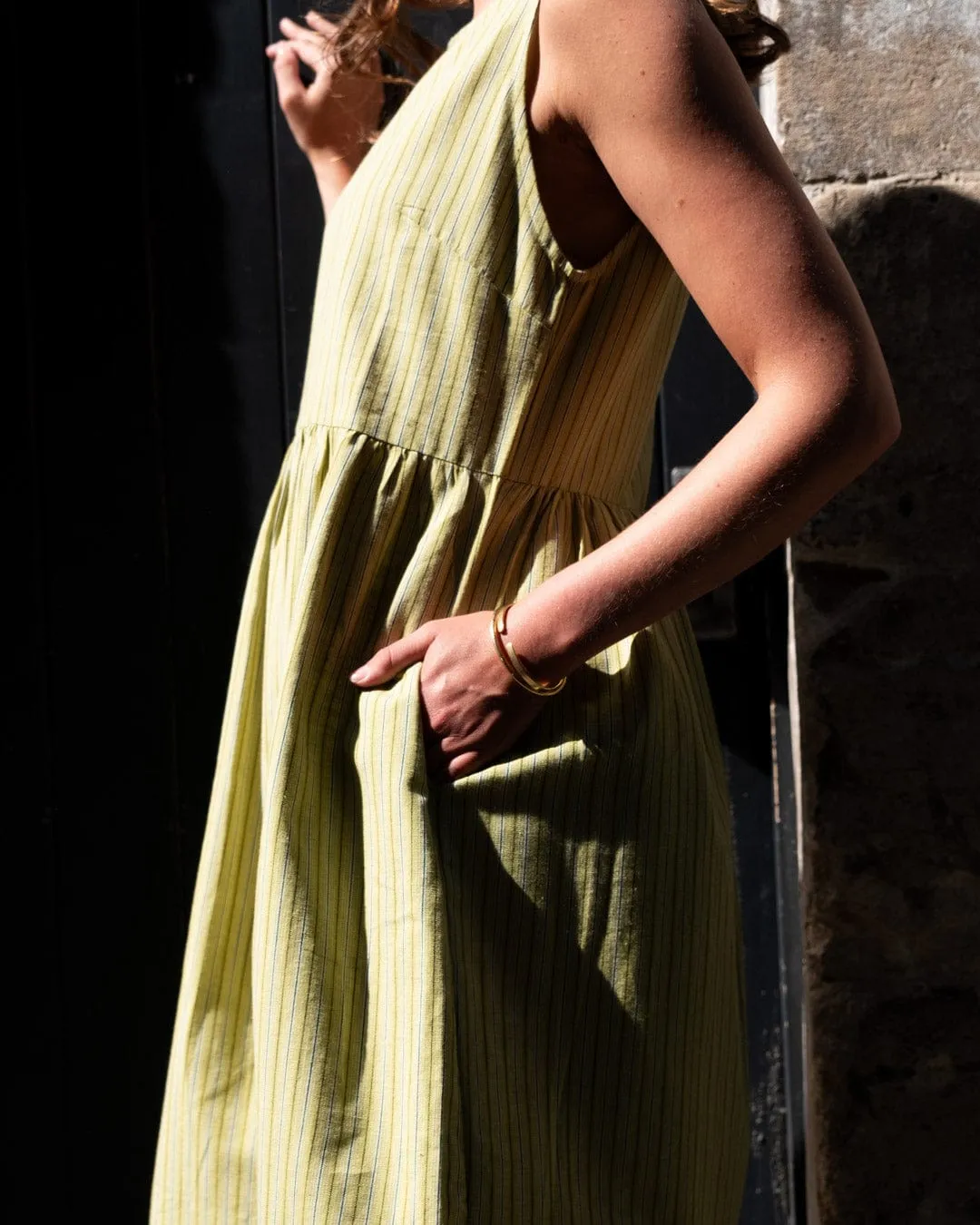 Elaine Women's Cotton & Linen Day Dress | Avocado Stripes