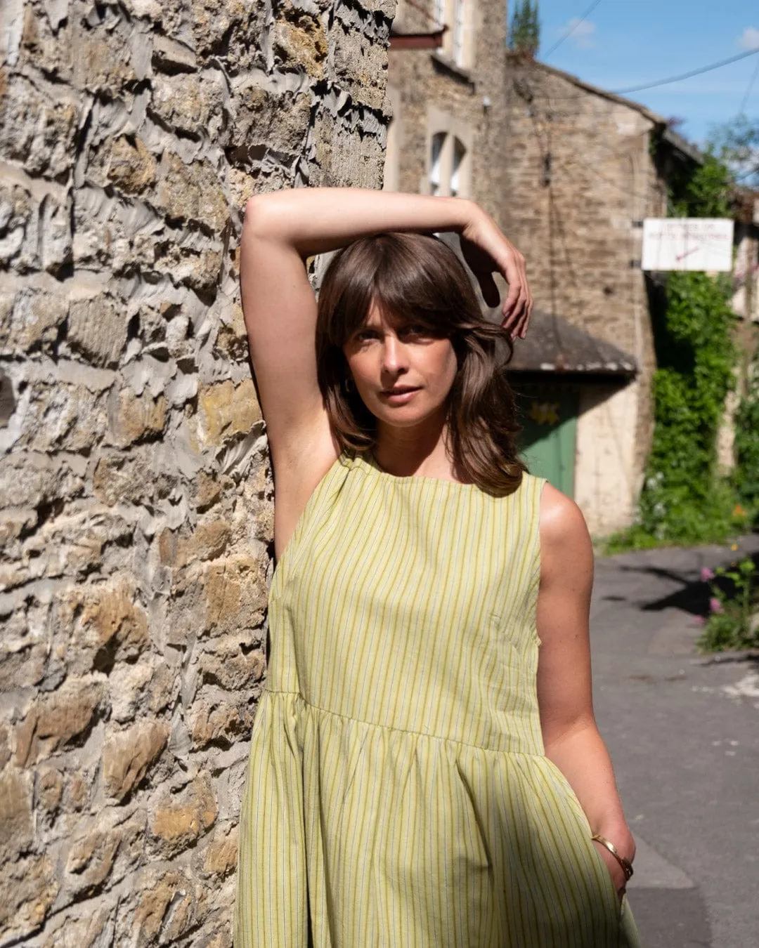 Elaine Women's Cotton & Linen Day Dress | Avocado Stripes