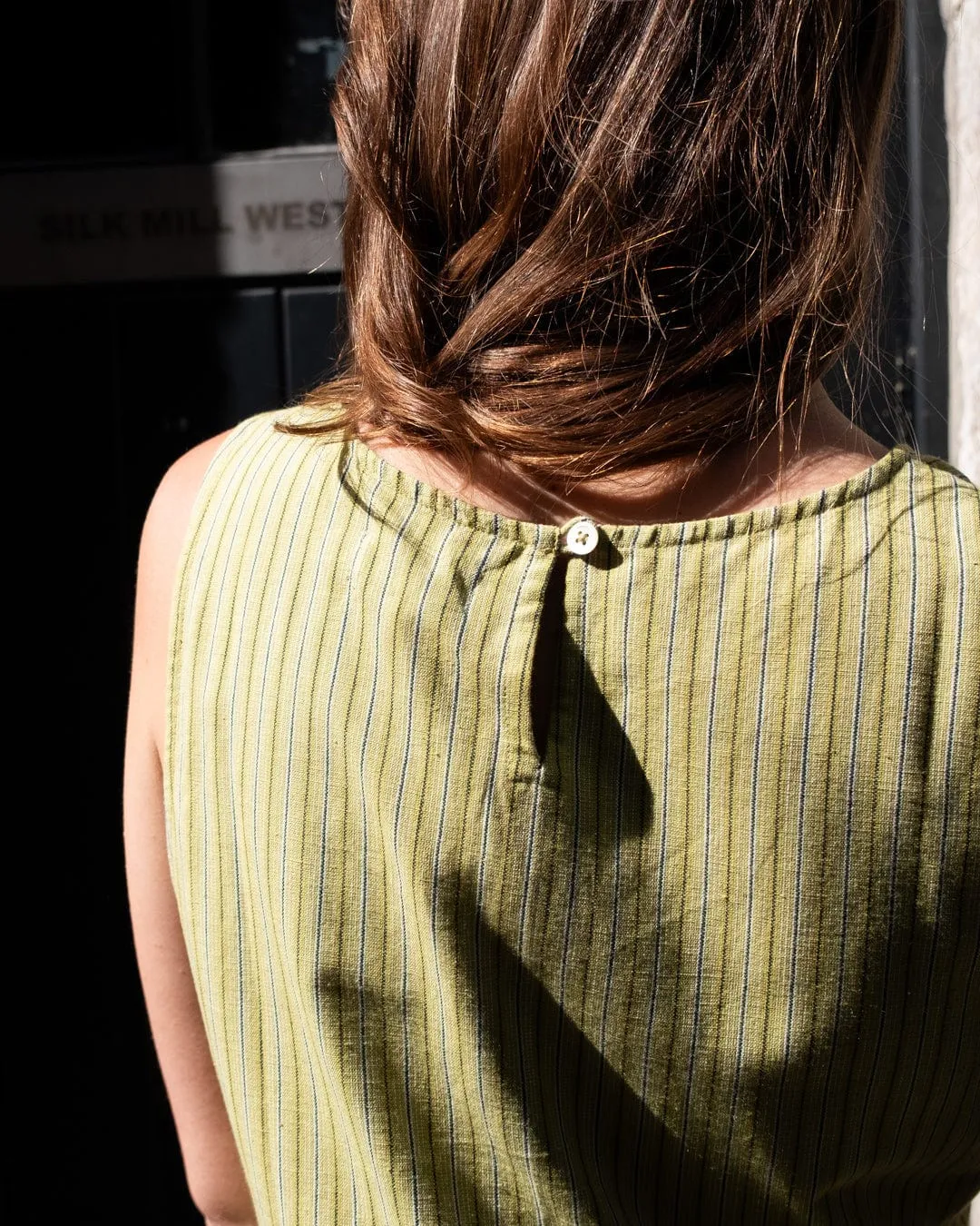 Elaine Women's Cotton & Linen Day Dress | Avocado Stripes