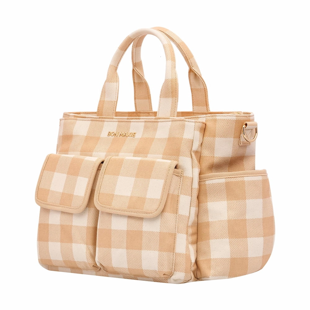 Everyday Multi-Pocket Tote Bag -- Almond Gingham