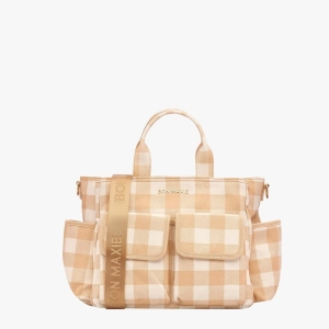 Everyday Multi-Pocket Tote Bag -- Almond Gingham