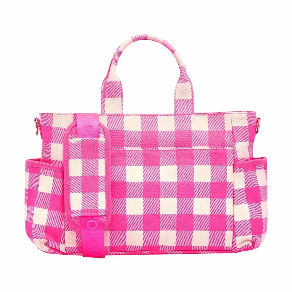 Everyday Multi-Pocket Tote Bag -- Neon Pink Gingham