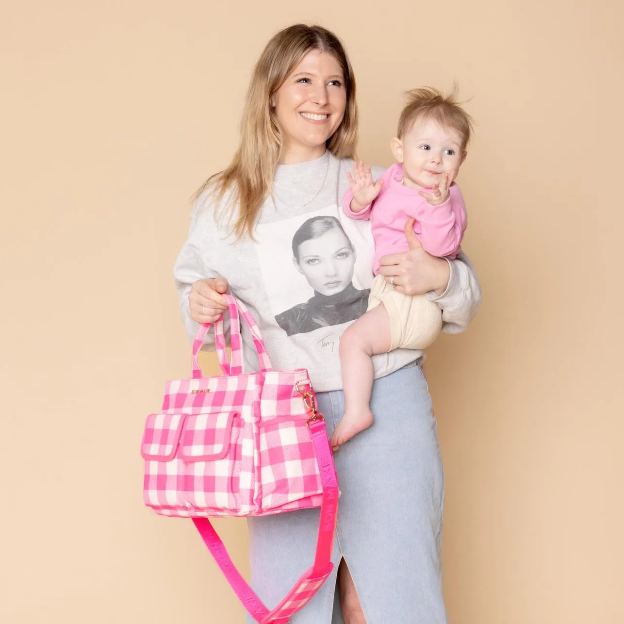 Everyday Multi-Pocket Tote Bag -- Neon Pink Gingham