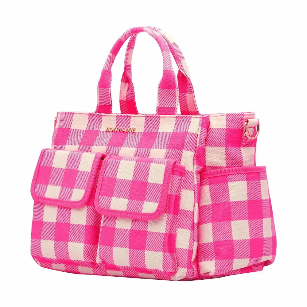 Everyday Multi-Pocket Tote Bag -- Neon Pink Gingham