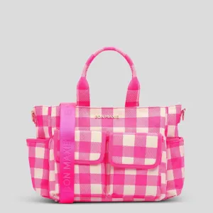 Everyday Multi-Pocket Tote Bag -- Neon Pink Gingham