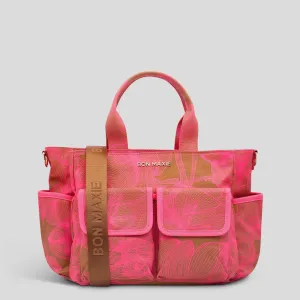 Everyday Multi-Pocket Tote Bag -- Neon Pink/Tan Floral