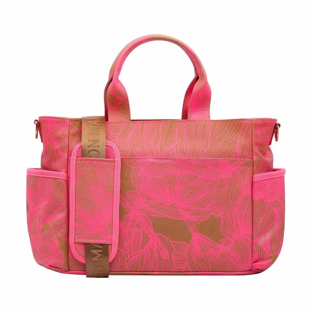 Everyday Multi-Pocket Tote Bag -- Neon Pink/Tan Floral