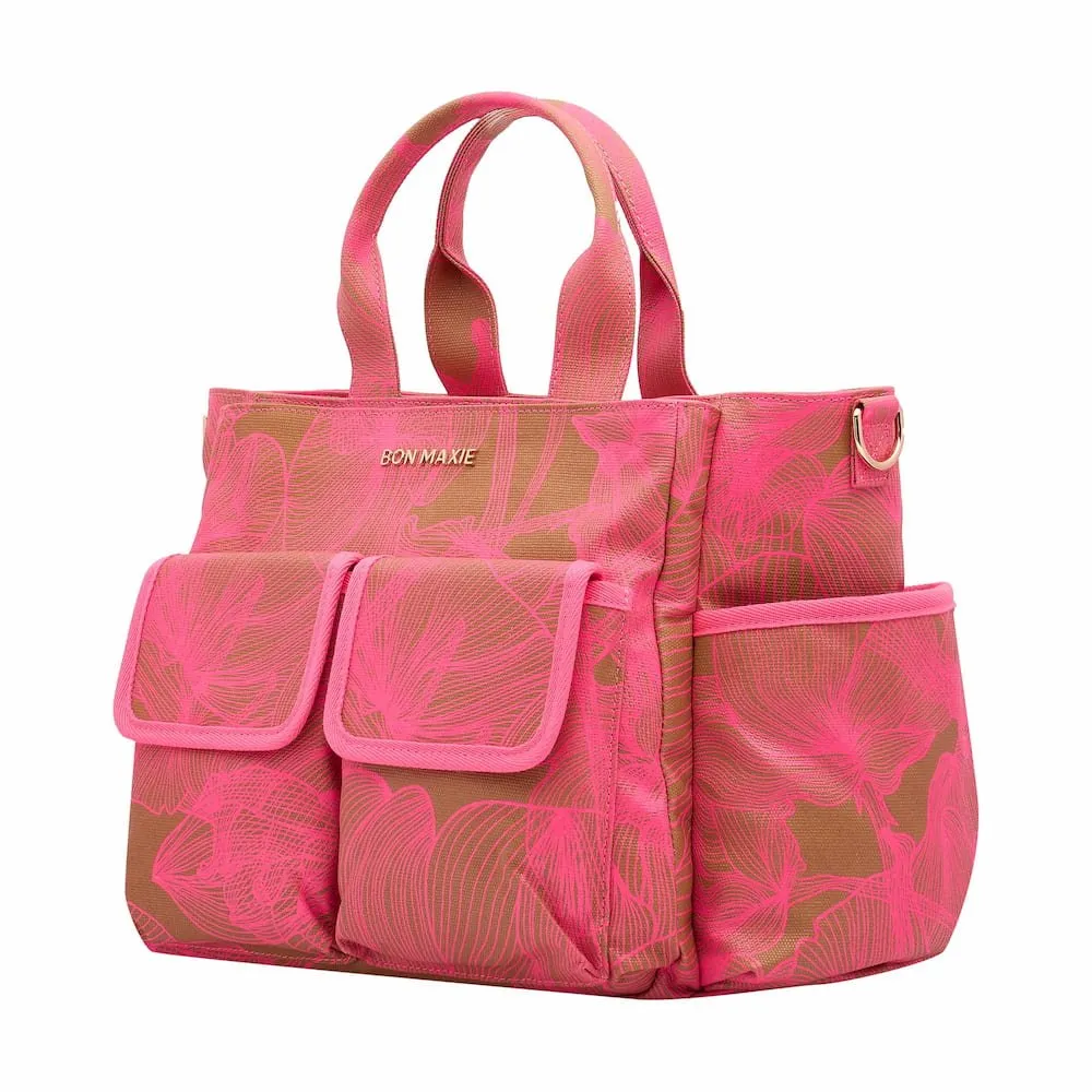 Everyday Multi-Pocket Tote Bag -- Neon Pink/Tan Floral