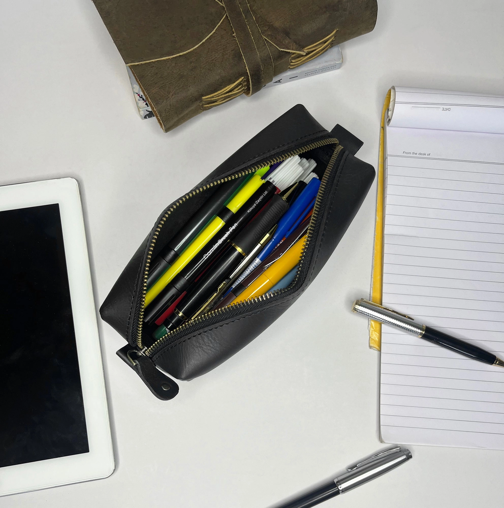 Leather Pencil Case - Handcrafted Premium Zippered Pen Pouch (Black)