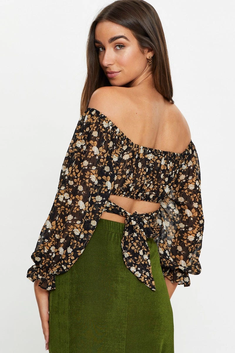 Print 3/4 Sleeve Crop Top
