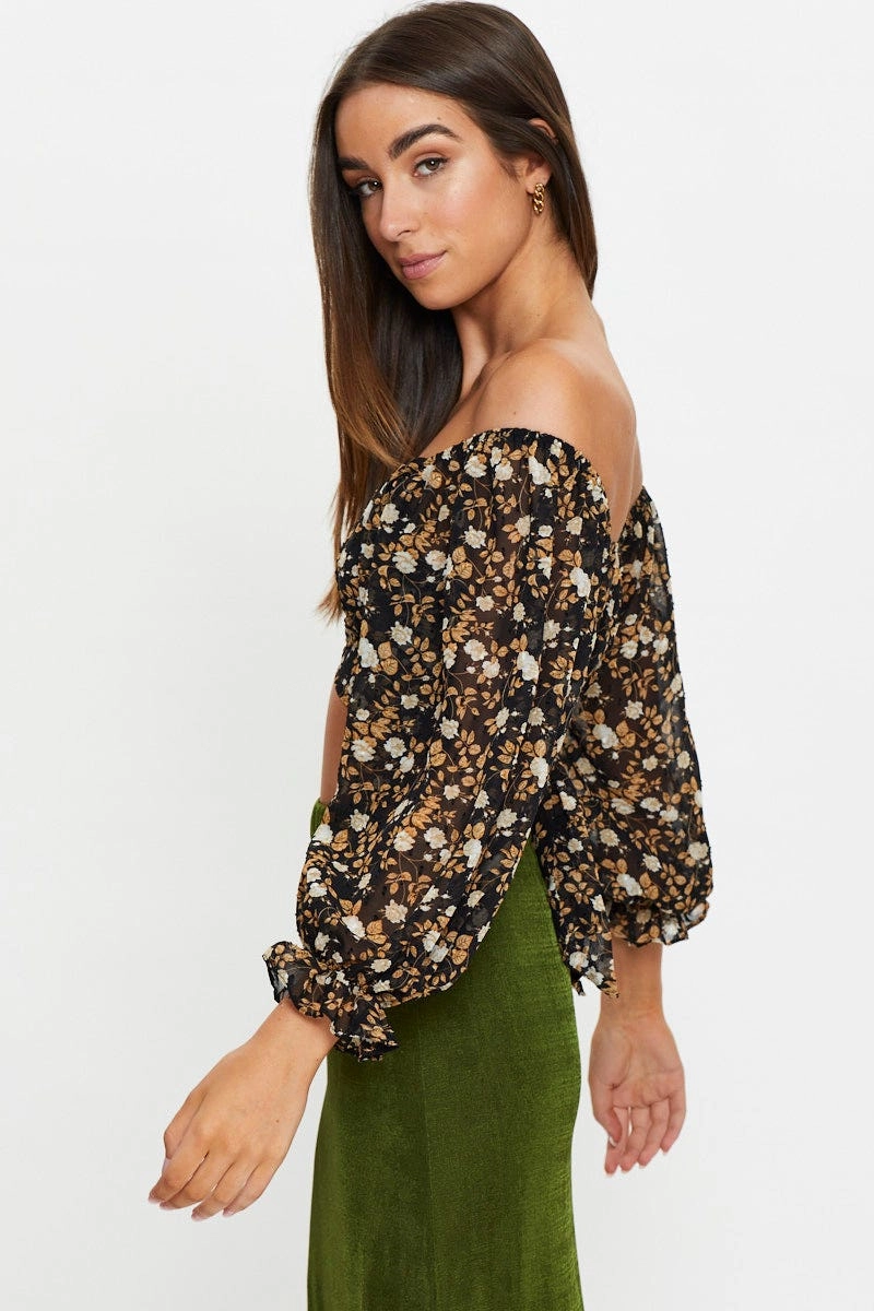 Print 3/4 Sleeve Crop Top