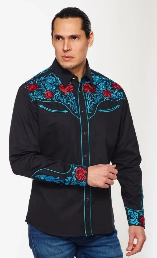 Rodeo Clothing Mens Western Embroidery Shirt PS500L-553 Black with Scroll Design