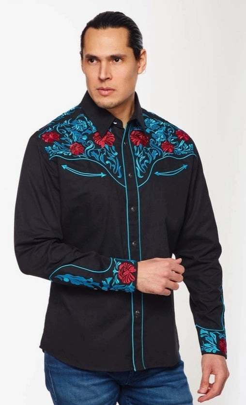 Rodeo Clothing Mens Western Embroidery Shirt PS500L-553 Black with Scroll Design