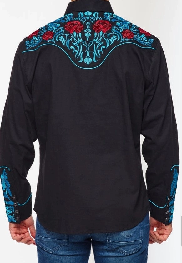 Rodeo Clothing Mens Western Embroidery Shirt PS500L-553 Black with Scroll Design