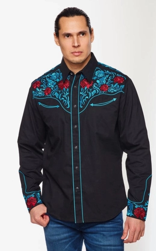Rodeo Clothing Mens Western Embroidery Shirt PS500L-553 Black with Scroll Design
