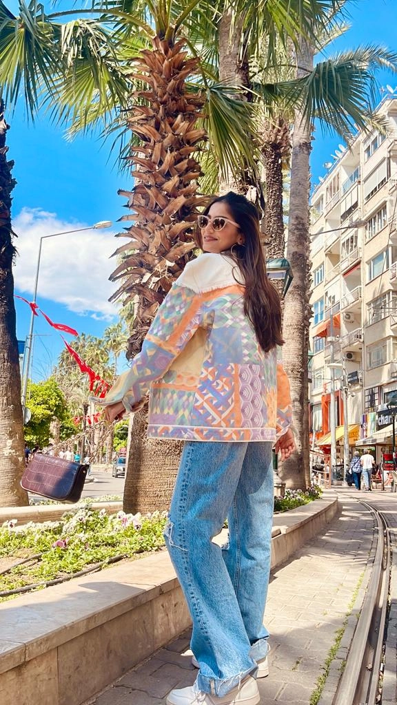 Saloni Shah in Retro-Spection Multi-Geo Printed Denim Jacket