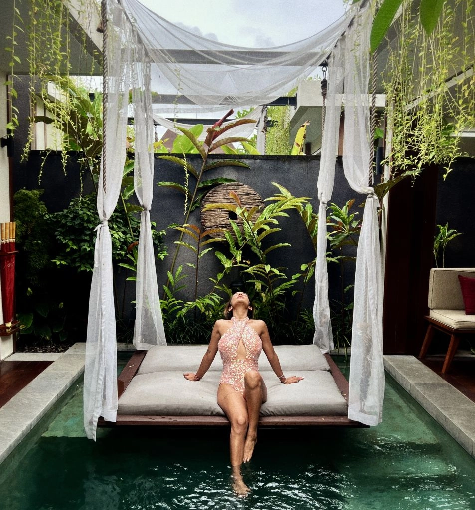 Shruti Yogi in Cantaloupe Holographic Sequin Swimwear from Retro-Spection Collection